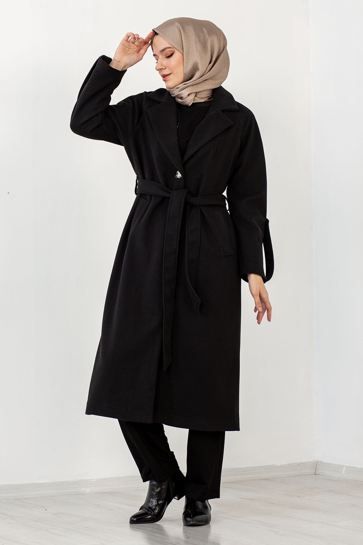 Tek Düğme Kaşe Kaban 38-48 - Siyah - 3