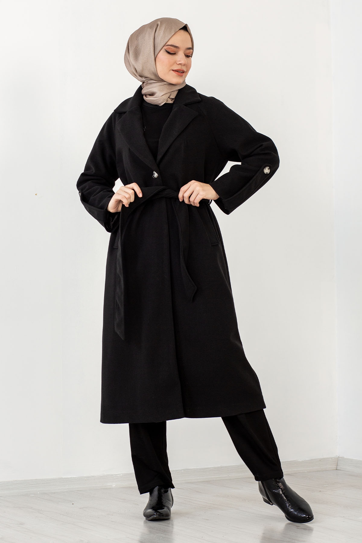 Tek Düğme Kaşe Kaban 38-48 - Siyah - 4