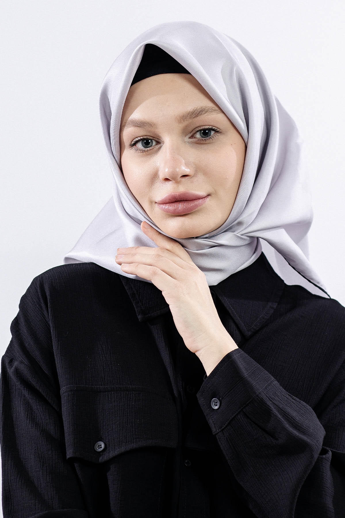 Tvil İpek Eşarp Sade - Gumus_siyah - 1
