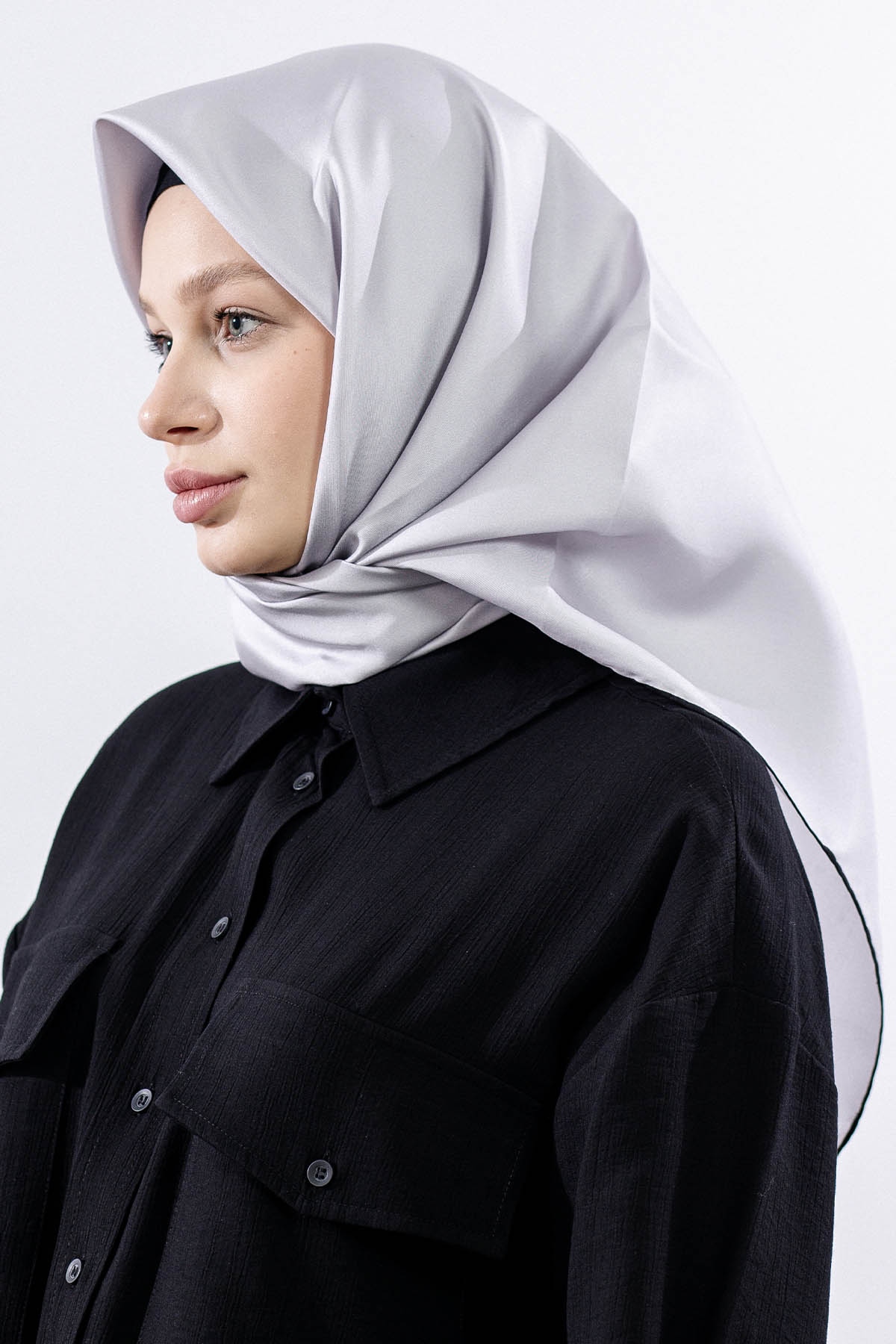 Tvil İpek Eşarp Sade - Gumus_siyah - 2